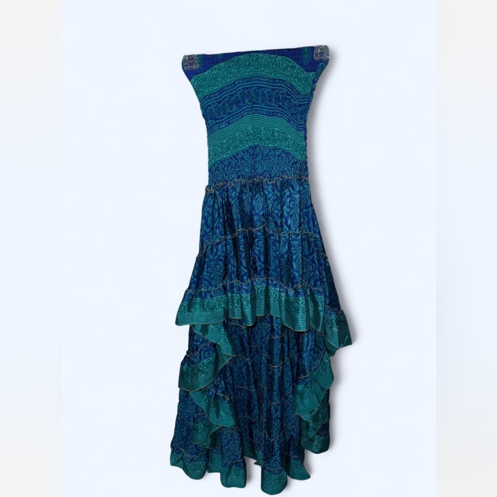 Blue and Green Strapless Maxi Dress